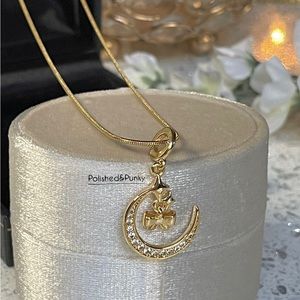 18kt Gold plated Moon Stars and Bow necklace celestial pendant Gold necklace Box
